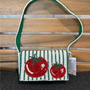 Viral Striped Green and White Beaded Tomato Shoulder Bag